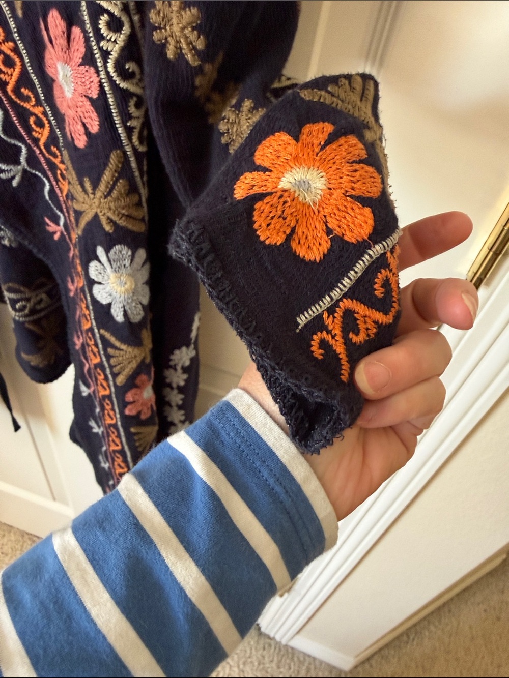 Johnny Was Biya Navy w/ multi colored embroidered Floral Open Cardigan, size M - Picture 5 of 11